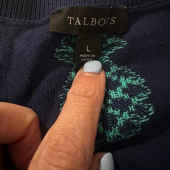 Talbots Navy/Pineapple Embroidered, Light Weight, Cardigan- L - Picture 3 of 6